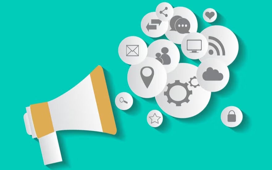 An abstract megaphone emits floating icons symbolizing digital marketing concepts like email, social media, search, and cloud.