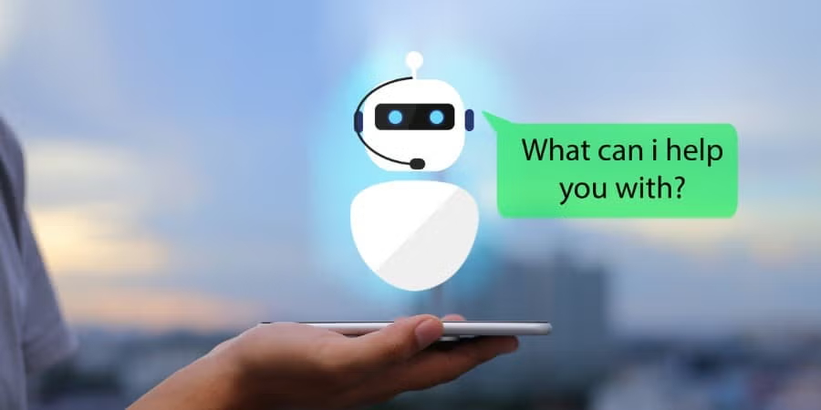 Cartoon robot hovering above a mobile phone in a person's hand, with a speech bubble that says "What can I help you with?"