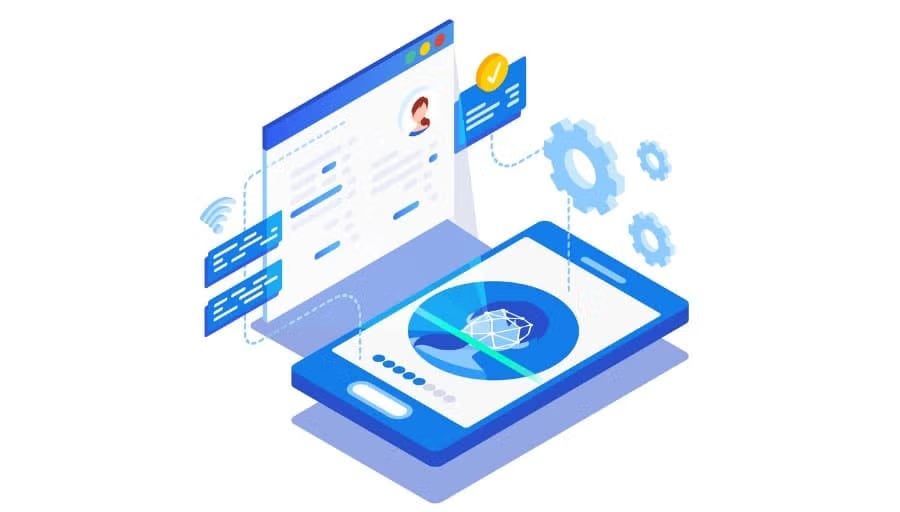 Isometric illustration of a mobile app concept featuring various app icons and user interface elements.