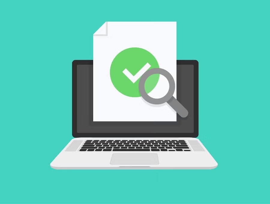 A laptop displays a document with a checkmark and magnifying glass, illustrating verification, transparency, and ethical assessment in digital data analysis.
